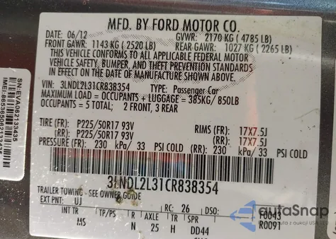 2012 Lincoln Mkz Hybrid из США, поврежденный, VIN 3LNDL2L31CR838354